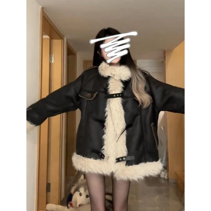 美拉德风美式复古皮毛一体机车服外套女冬季棉服棉衣宽松显瘦百搭