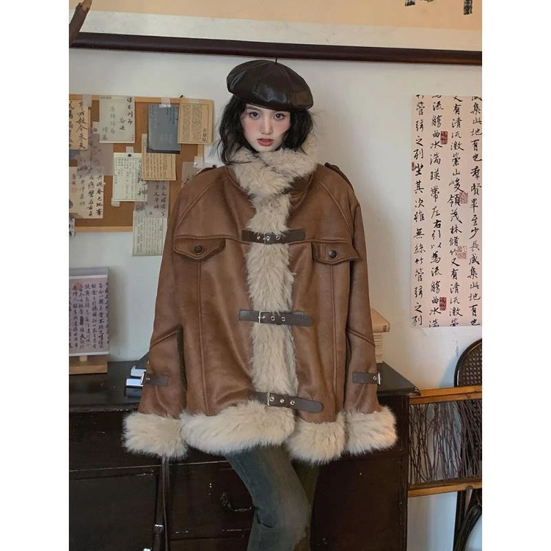 冬季新款加厚宽松棉衣皮毛一体机车服羊羔毛拼接麂皮绒棉服男女潮