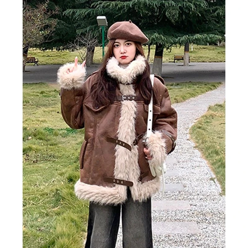 麂皮绒羊羔毛皮毛一体棉服男女潮冬季新款加绒加厚美拉德棉衣外套