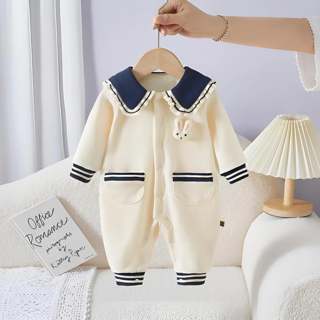 本印苏拉春秋女宝宝海军风前开扣婴儿连体衣