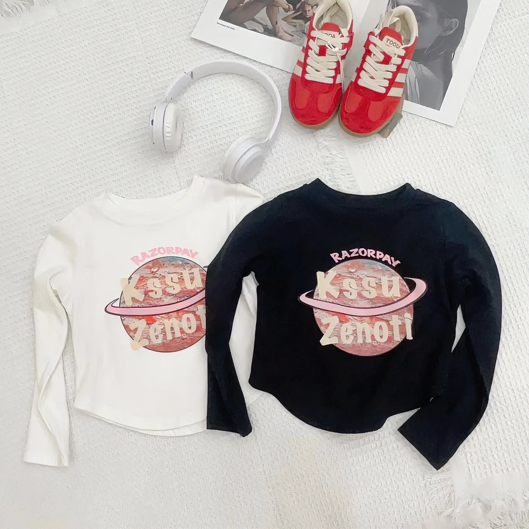 现货【米拉】秋季新款女童装长袖T恤简约打底衫儿童短裤上衣