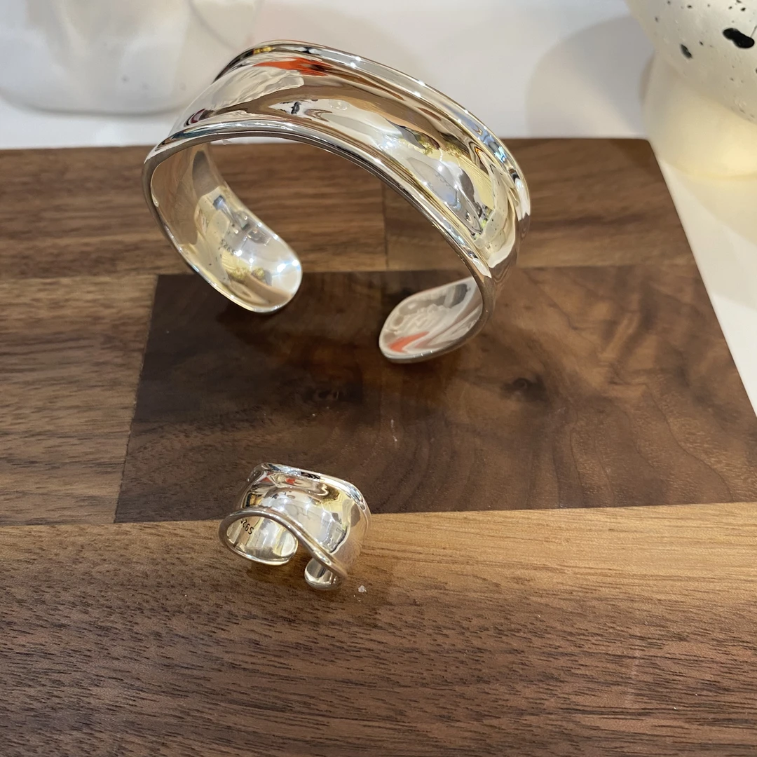 925银戒指 S925银原创小众设计不规则大宽波浪手镯 百搭个性戒指