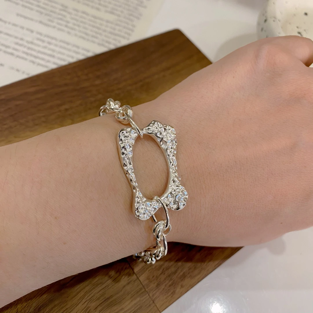 925银手链 S925银原创小众设计肌理感造型设计亮面手镯1E494