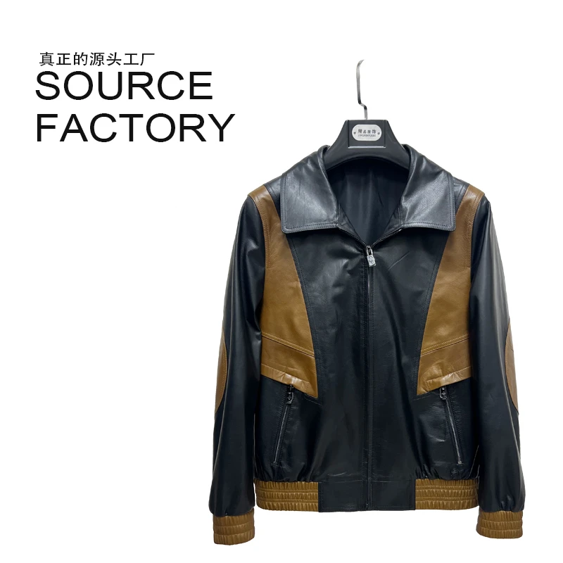 2024爆款男款真皮皮衣春秋撞色小胎牛皮男士外套翻领工装皮夹克