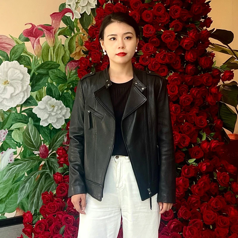 复古经典机车设计感短款真皮皮衣女真山羊皮春秋新款皮夹克外套