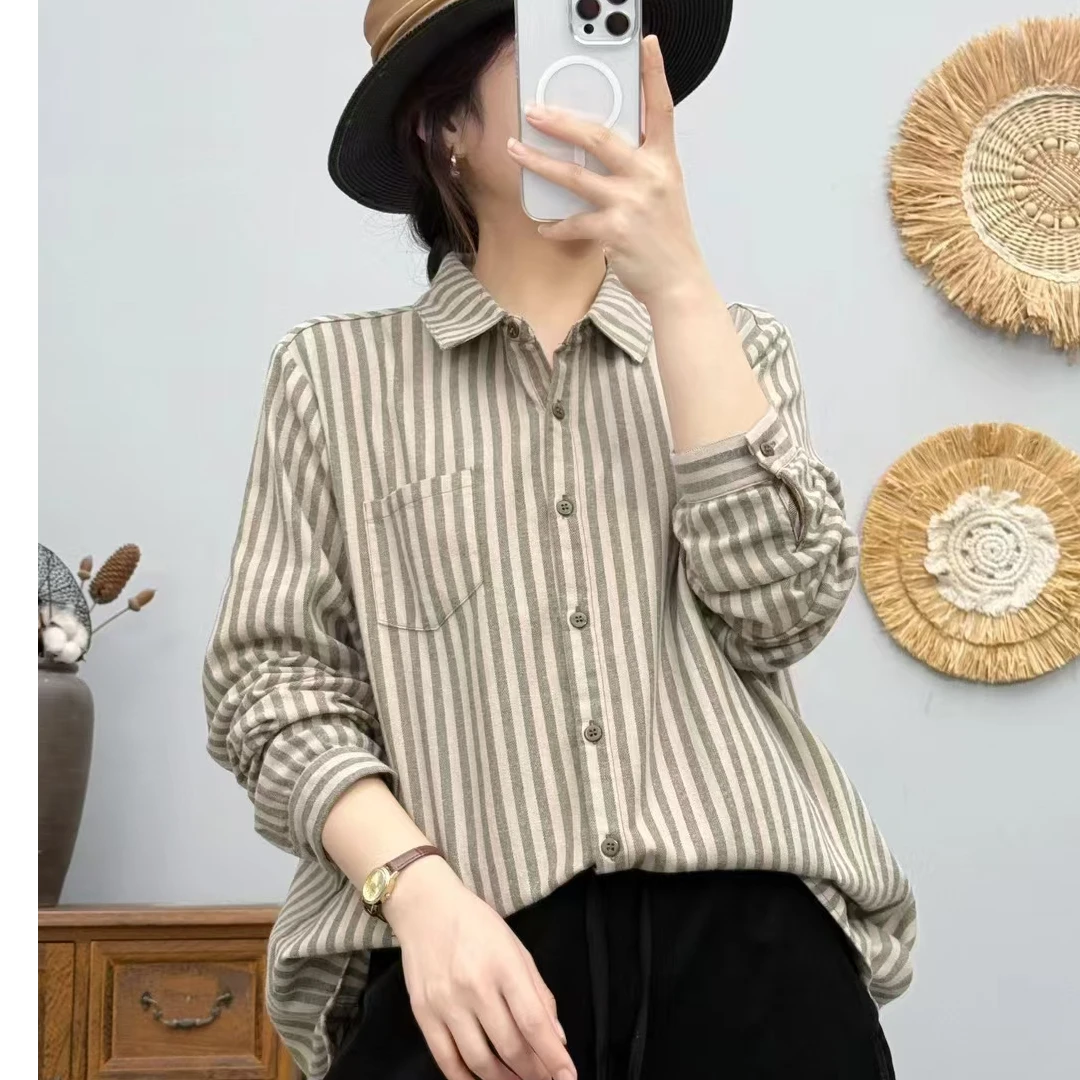 2025秋冬新款全棉厚款磨毛条纹衬衫女休闲百搭叠穿上衣85165