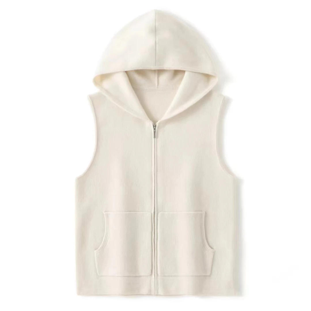 鑫富绒女士纯羊绒四平戴帽秋冬纯色韩版马甲针织上衣宽松连帽秋季