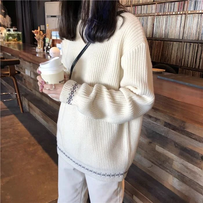 2025秋冬季新款套头毛衣女宽松外穿韩版复古慵懒风圆领针织衫上衣