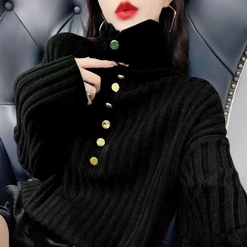 2025秋冬新款复古纽扣高领针织打底衫女洋气坑条长袖毛衣潮