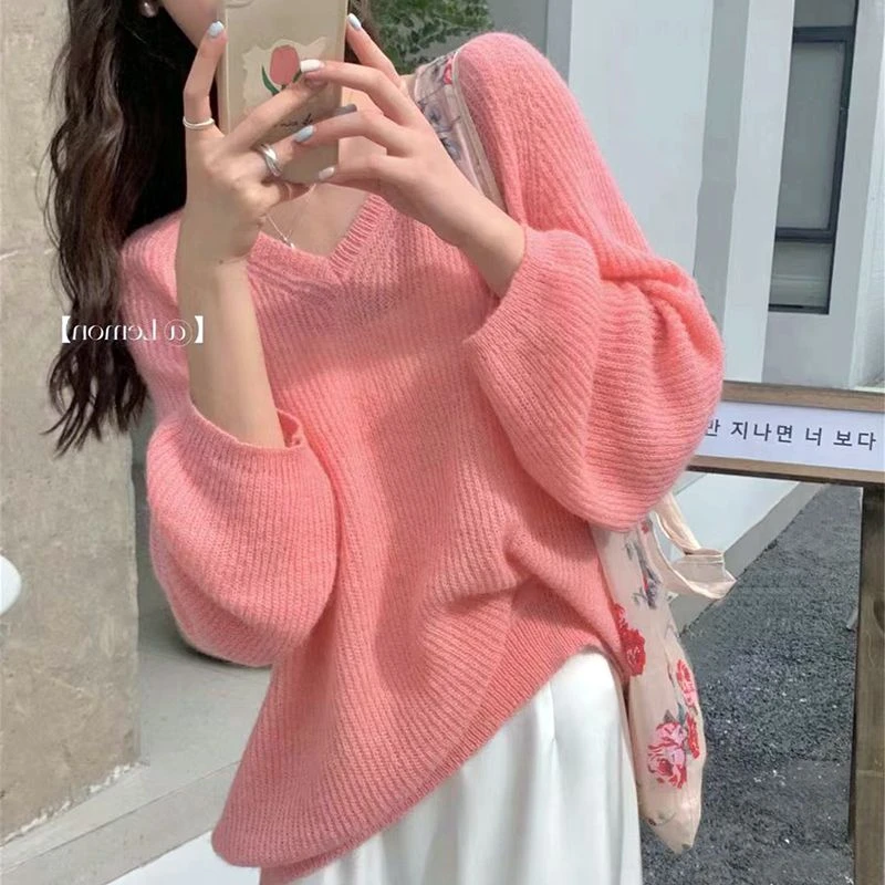 早春韩版宽松慵懒风气质针织衫女爆款简约温柔风软糯毛衣外搭显瘦