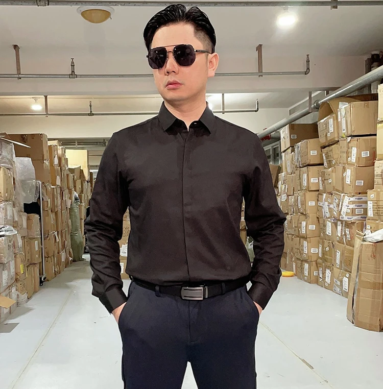 男士长袖衬衫 暗门襟衬衣 黑色时尚双门襟刺绣衬衫男