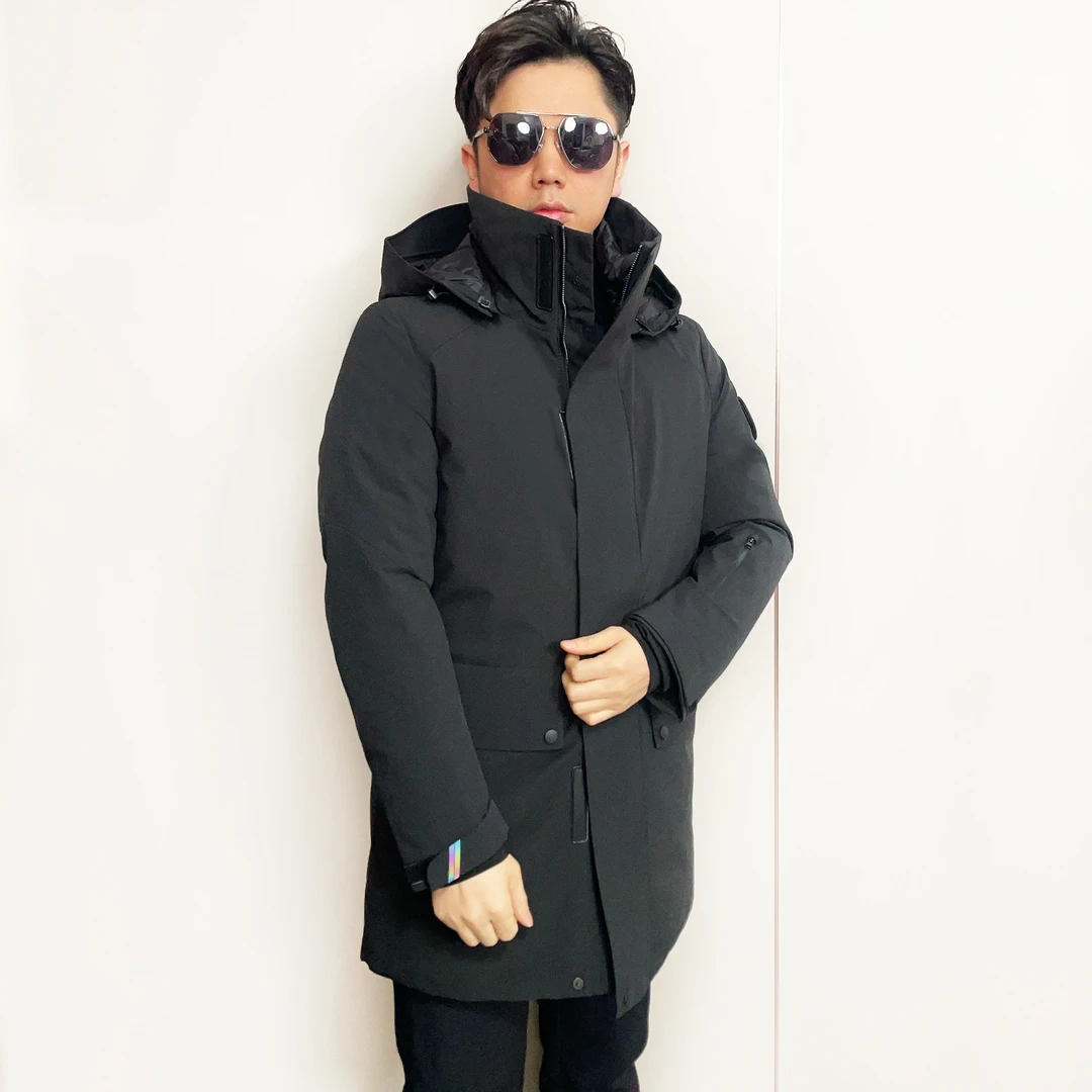 可充电羽绒服 白鸭绒连帽保暖外套 黑色男装男士中长款羽绒服