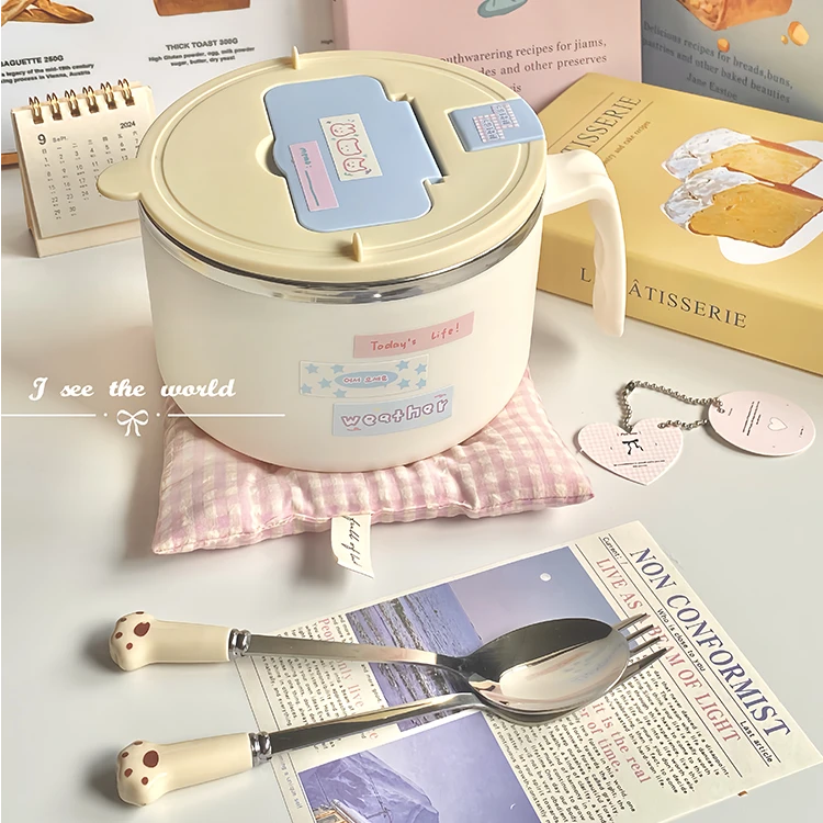 ins可沥水泡面碗304不锈钢上班族饭碗可爱宿舍学生饭碗带手机架