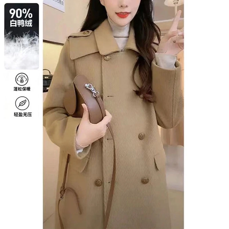 羽绒服毛呢大衣外套女冬季中长款2023新款气质风衣90白鸭绒呢子