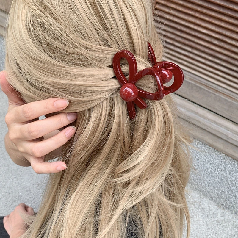 安哥拉红中号抓夹女高级感洋气时尚 蝴蝶结慵懒风半扎发鲨鱼夹