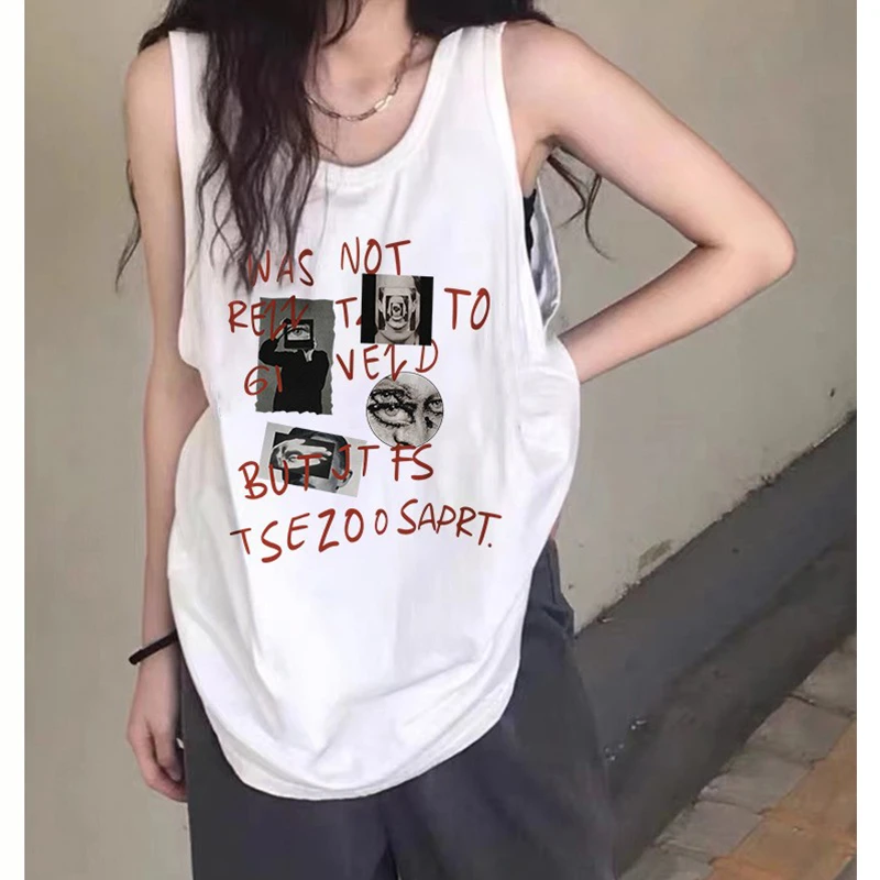 大码胖mm纯棉背心女夏薄款无袖t恤小众宽松印花休闲吊带外穿上衣