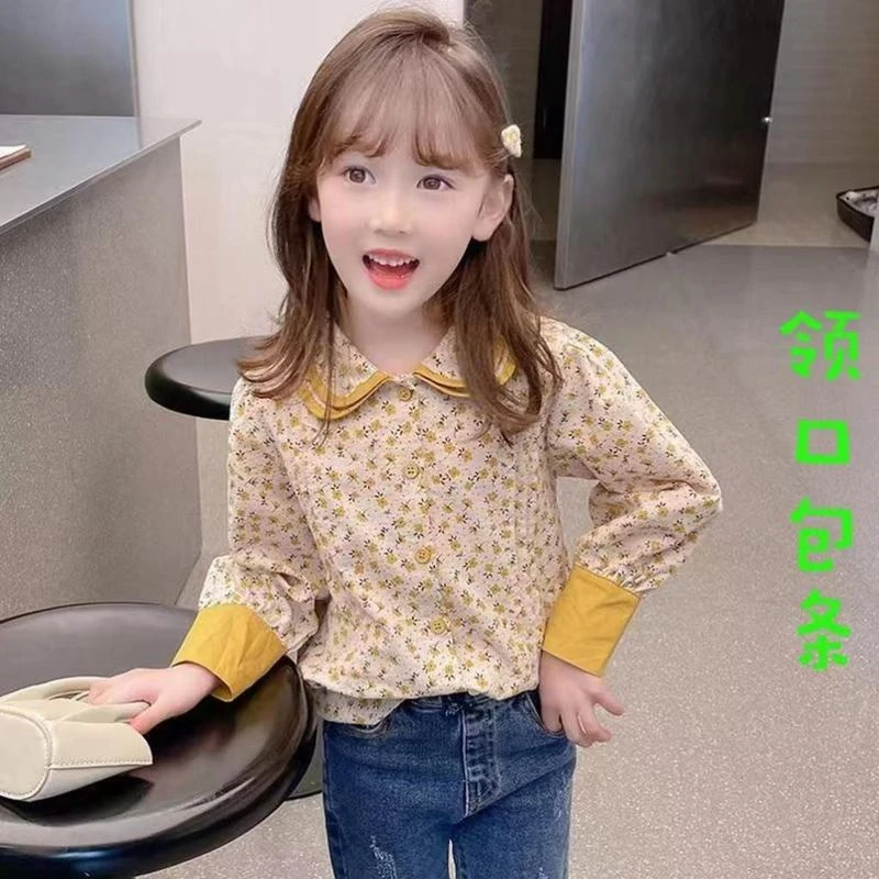 女童衬衫洋气春装2024新款碎花娃娃领时髦儿童春秋上衣纯棉衬衫潮