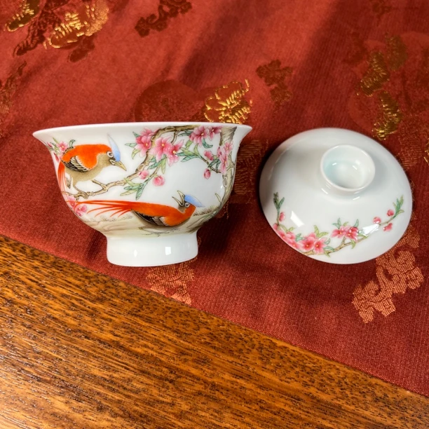 景德镇白泽手绘粉彩工笔花鸟绘画【添福添寿】手工拉胚高足玉泥胎