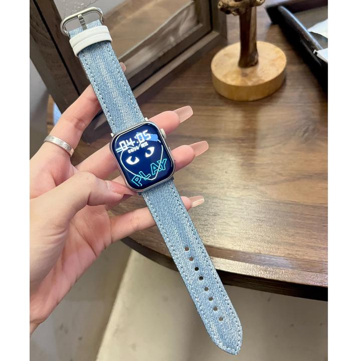 适用Appleiwatch苹果手表iwatch8/9渐变条纹牛仔皮表带创意新款