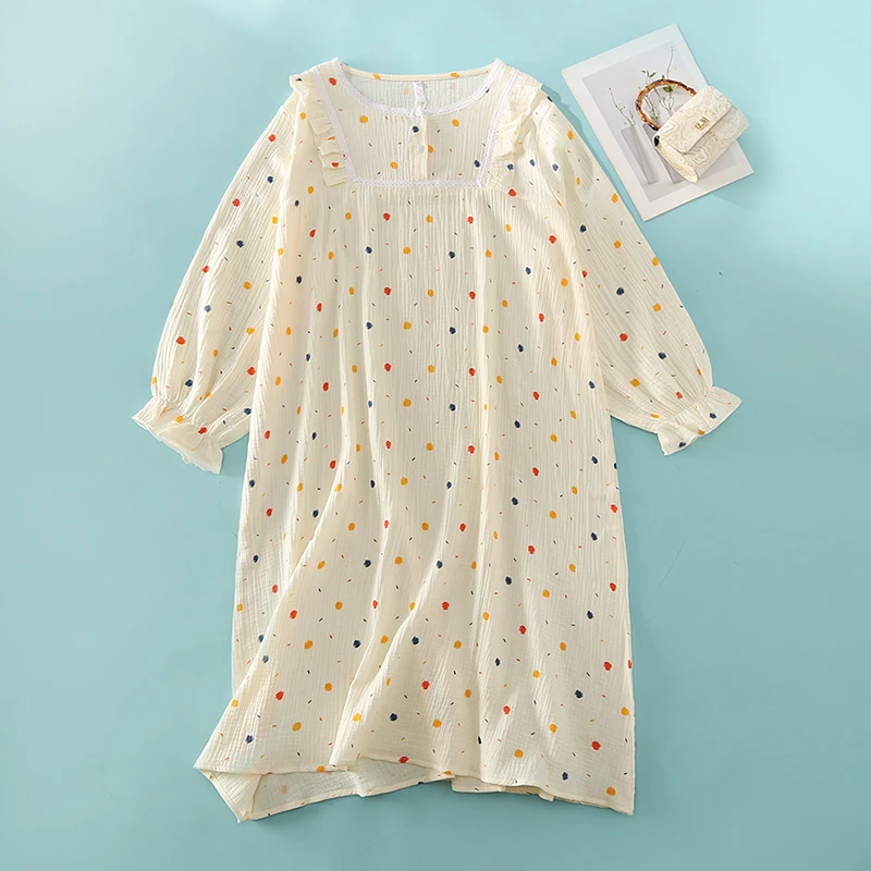 春秋纯棉纱布胖MM200斤长袖公主风睡裙孕妇宽松过膝睡衣家居服女