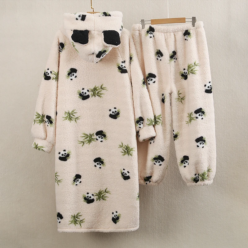 冬季加厚羊羔绒睡衣女开衫连帽加长款套装胖MM200斤加大码家居服