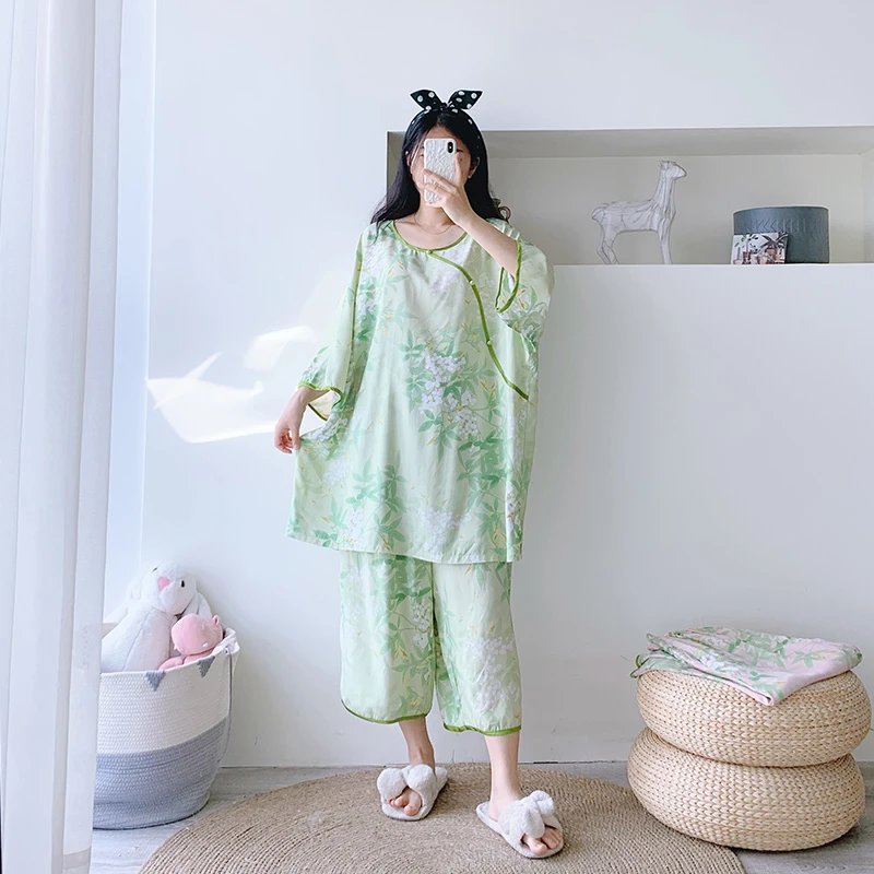 棉绸睡衣女夏季薄款中袖七分裤套装大码200斤可外穿新国风家居服