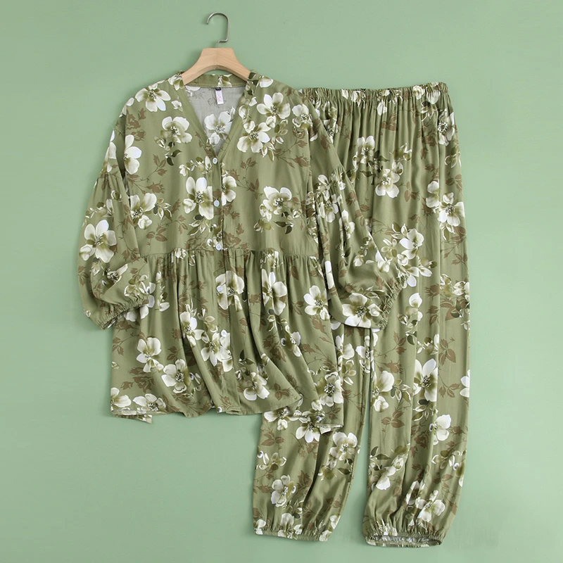 孕妇胖MM加大码棉绸哺乳睡衣开衫九分袖九分裤春夏秋产后月子服薄