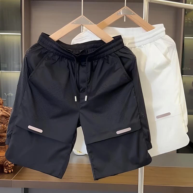 夏季新款网眼透气速干休闲短裤男高端潮流纯色宽松冰丝运动五分裤