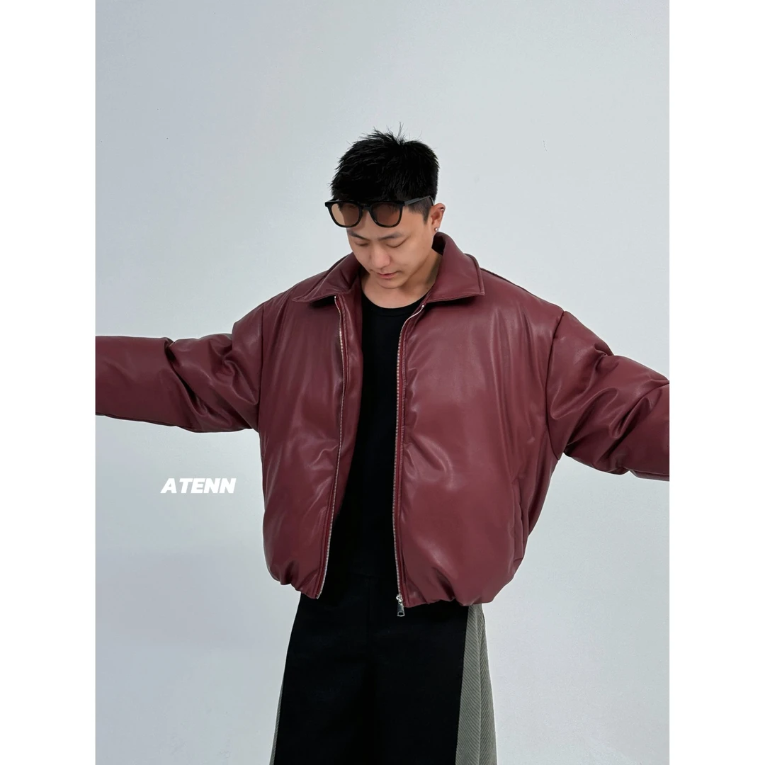 ATENN【海利同款】美式复古皮质感棉服外套冬季新款短款棉夹克情侣