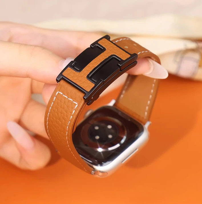 适用iwatchs10手表表带AppleWatch9/8荔枝纹H磁吸扣真皮苹果7/6/5