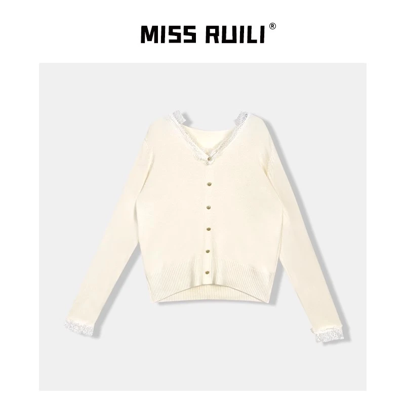 MISS RUILI定制 秋冬法式蕾丝拼接气质V领软糯开衫A8288