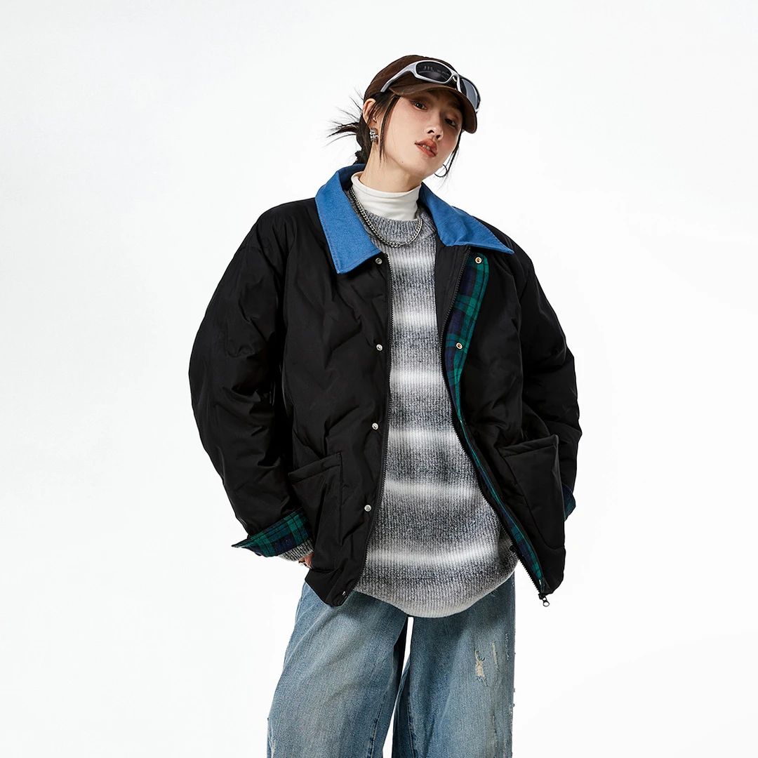 ICHMODE美式复古撞领拼接棉服