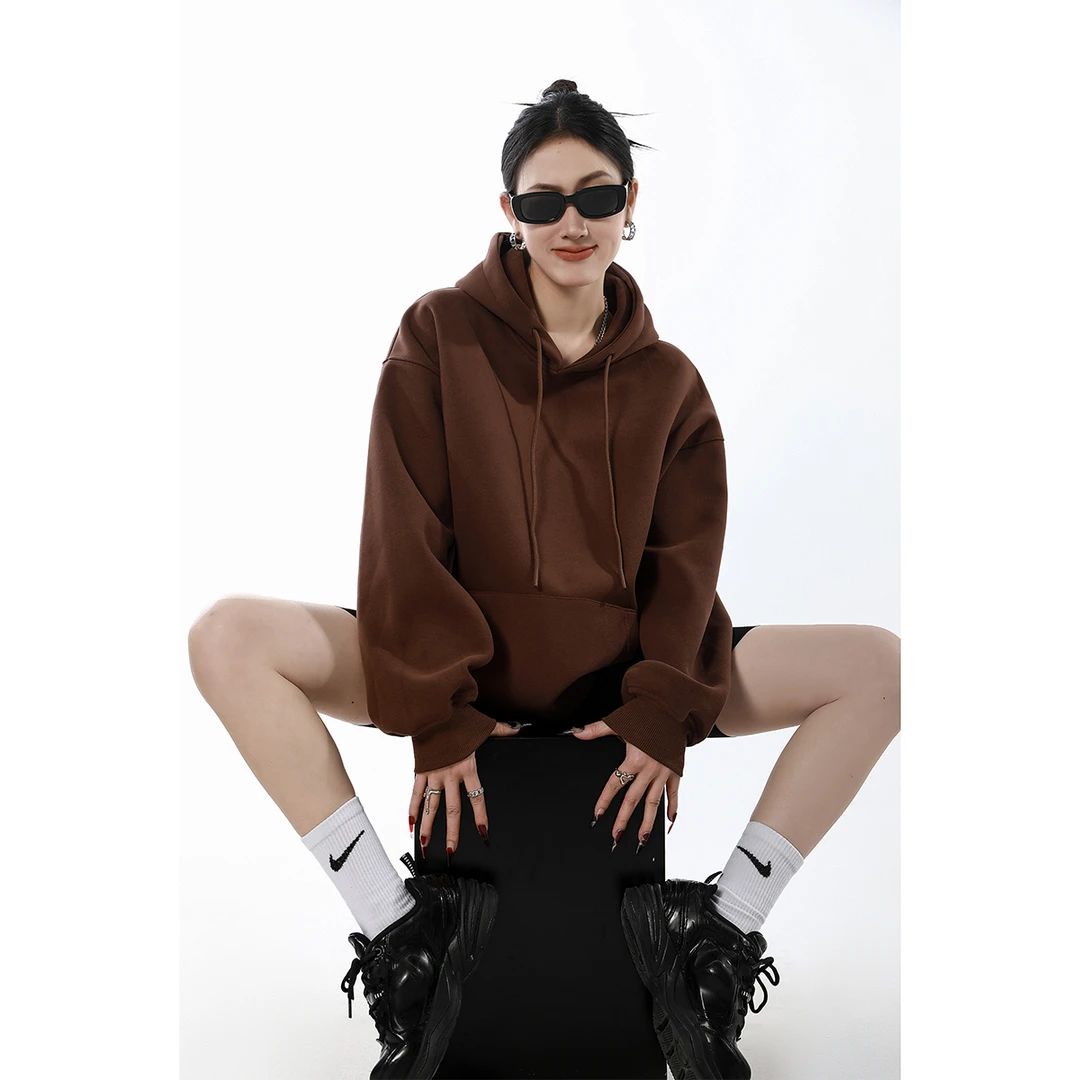 ICH MODE高级慵懒风纯色复古百搭厚棉Toversize休闲连帽套头上衣