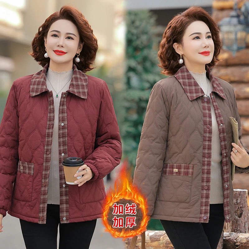 冬季新款时尚拼色加绒加厚保暖棉服中老年洋气妈妈装宽松洋气外套