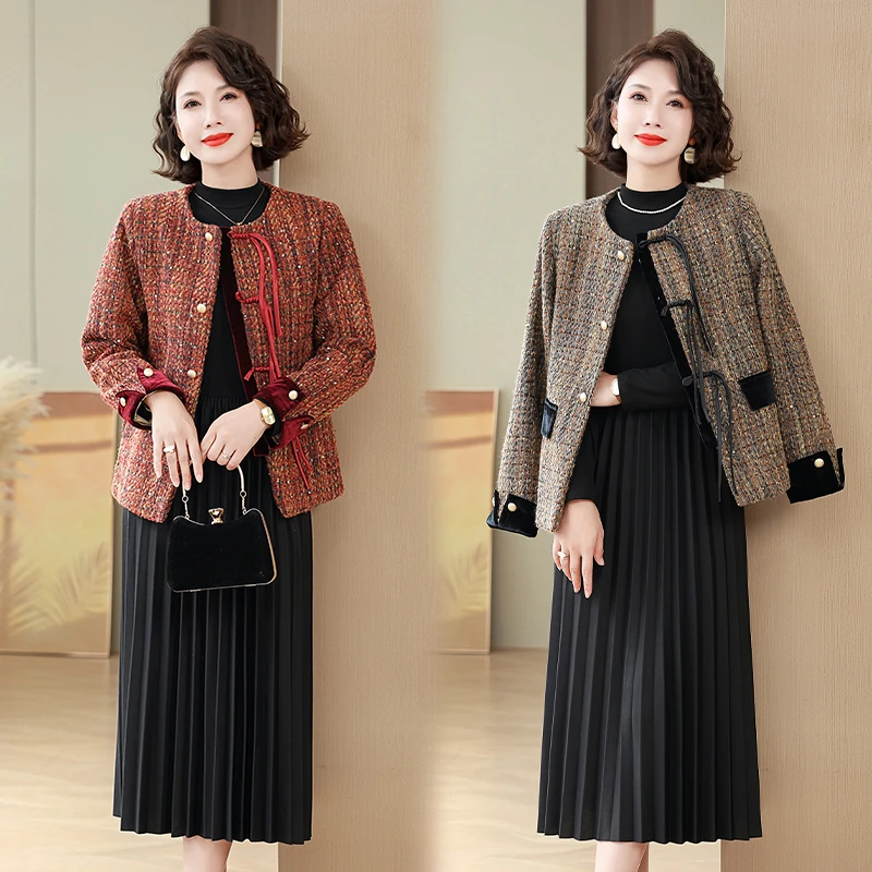 时尚妈妈装秋季新款洋气小香风套装中老年女装新中式国风气质外套