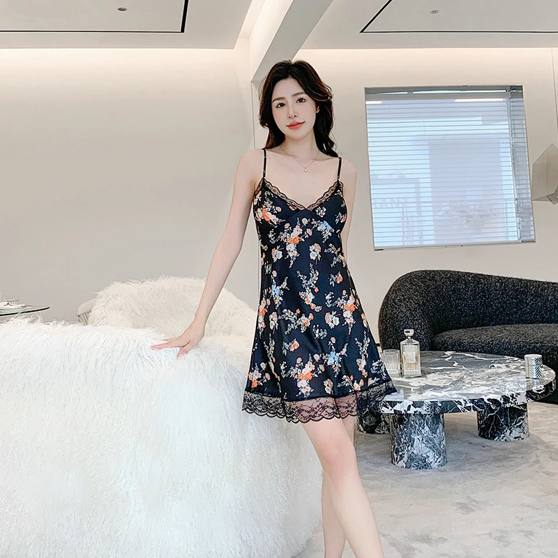 春夏款女士睡裙爆款女夏季薄款蕾丝印花性感吊带裙冰丝小碎花睡衣