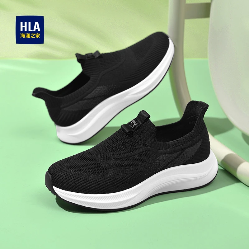 海澜之家冬季透气男鞋防臭一脚蹬黑色飞织网面运动跑步休闲软底鞋
