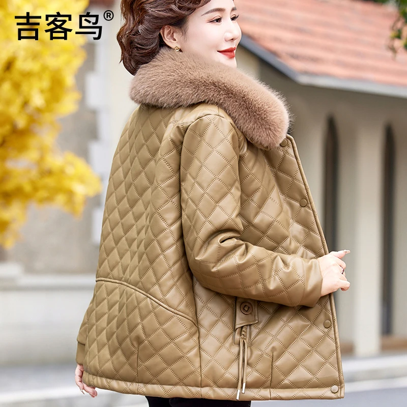 中年妈妈冬装皮衣外套加绒短款皮棉衣中老年人女装时尚洋气皮棉服