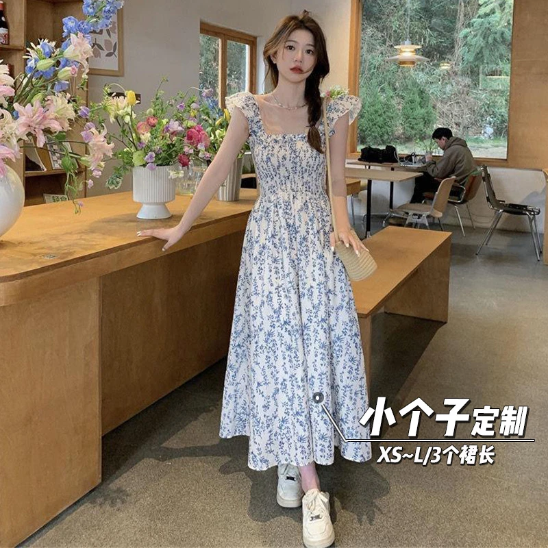 150小矮个子法式甜美碎花小飞袖连衣裙女夏收腰修身显瘦a字中长裙