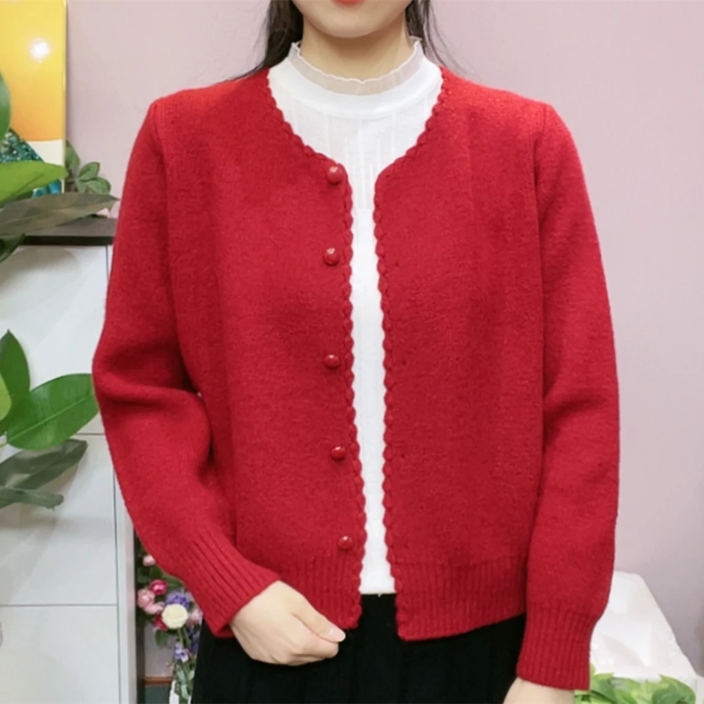 时尚花边V领毛衣外套女装时尚设计感外搭宽松显瘦单排扣针织开衫
