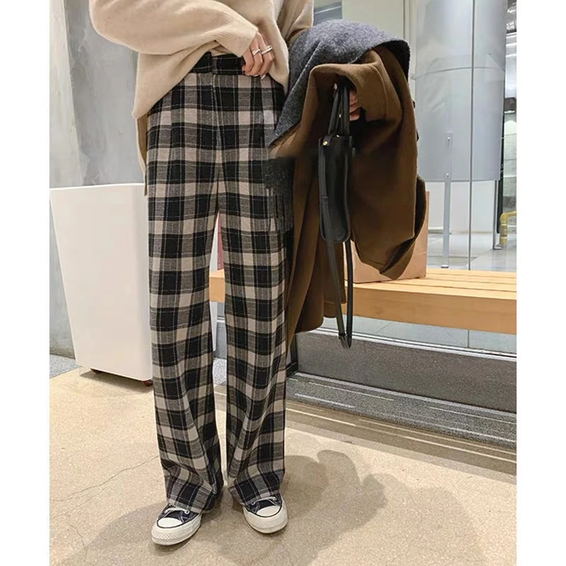 抗静电经典格子阔腿裤秋冬宽松直筒加长款垂感高腰百搭显瘦