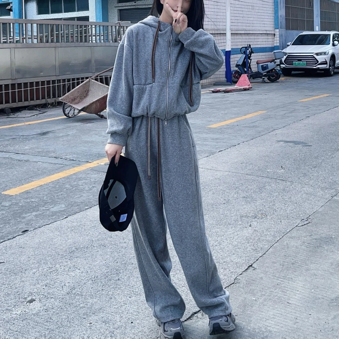 冬款加绒韩版ins潮休闲连帽拉链卫衣外套+松紧腰修身显瘦裤