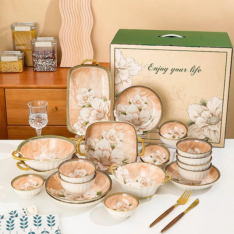 【山茶花21件套】碗碟套装家用日式高颜值网红陶瓷盘子碗高端餐具