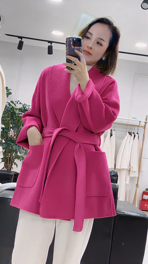 双面羊毛大衣浴袍款毛呢女装气质宽松大翻领轻奢时尚百搭短款外套