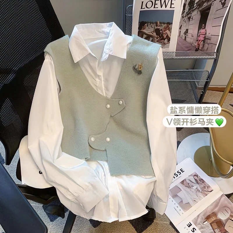 乔治奈儿春季新款设计感小众别致盐系宽松衬衫针织马甲两件套女潮