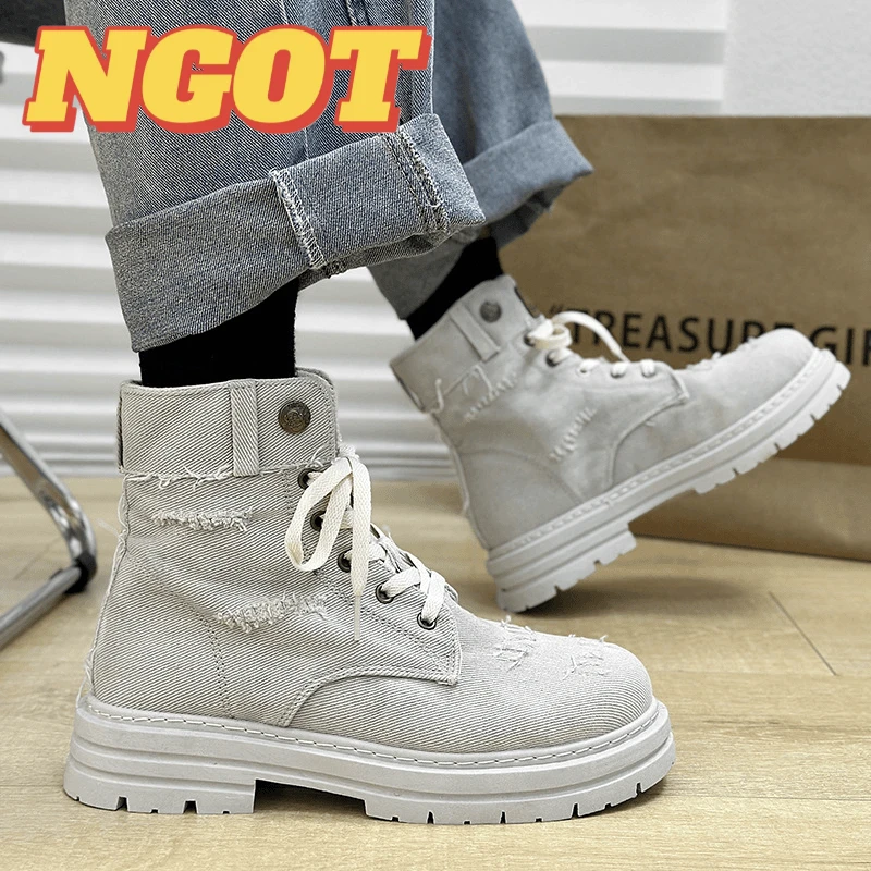 NGOT男鞋秋季新款牛仔布面高帮马丁靴隐形内增高厚底休闲帆布鞋子