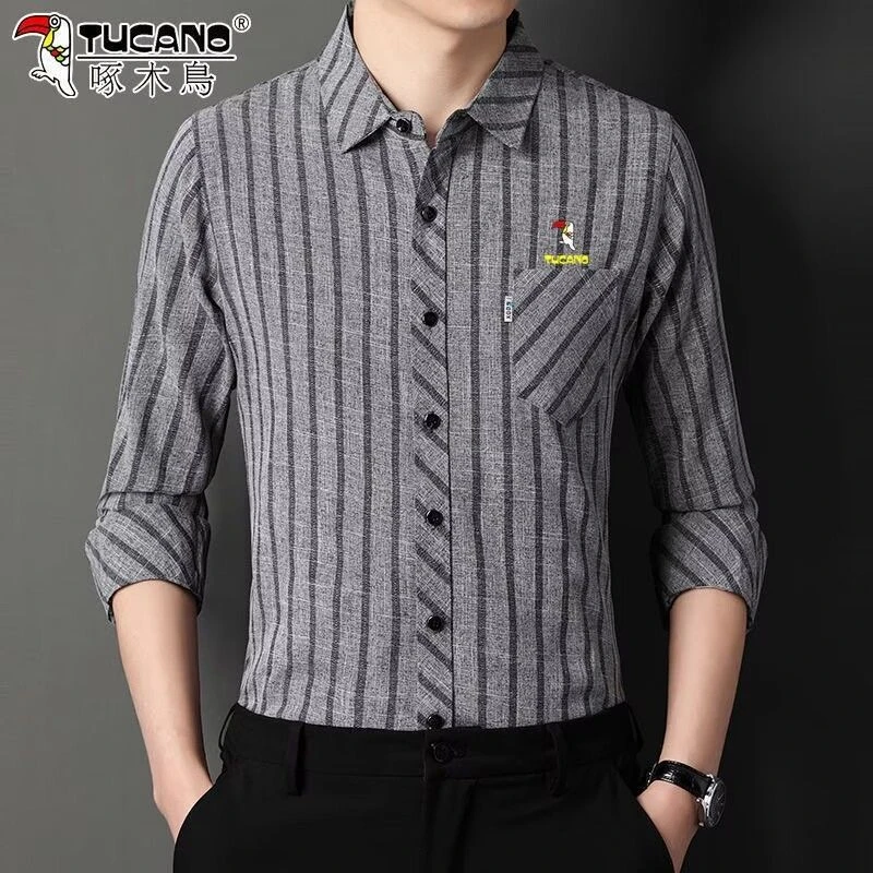 啄木鸟男士长袖衬衫中青年新款春秋季休闲百搭衬衣男大码商务衬衫
