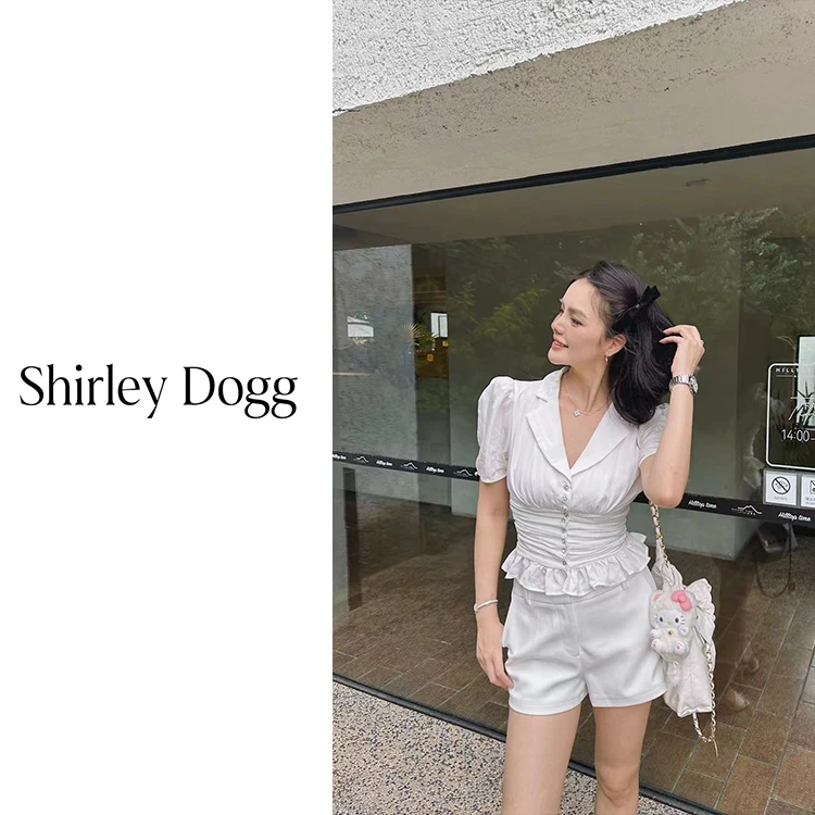 汤元家sd  夏季时尚休闲气质荷叶边收腰v领衬衫T恤