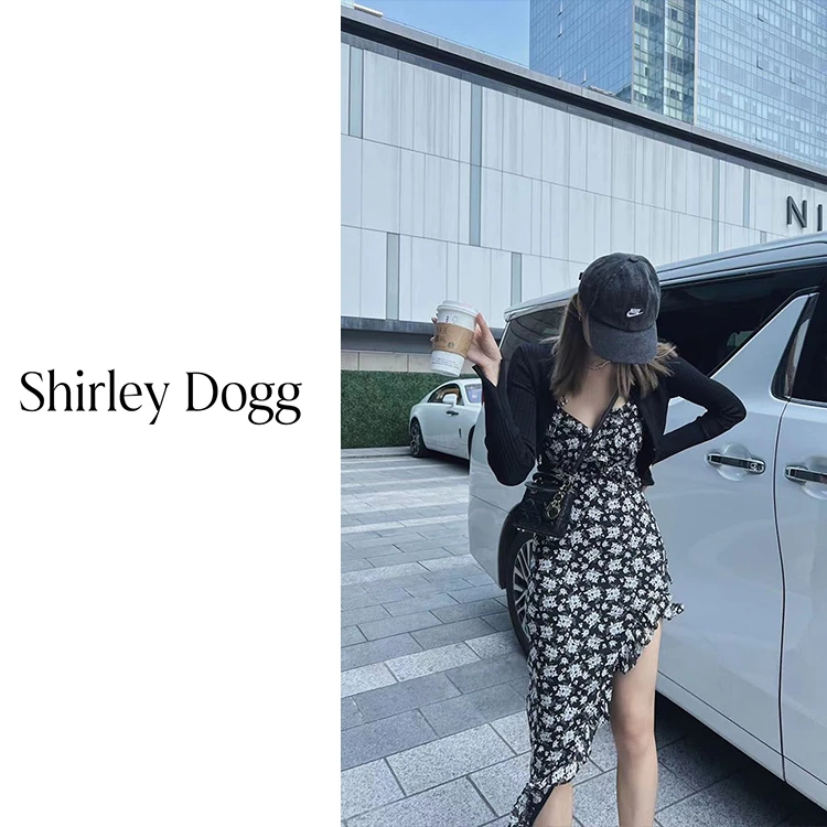 【汤元家SD】黑色碎花吊带连衣裙女夏不规则法式复古吊带裙