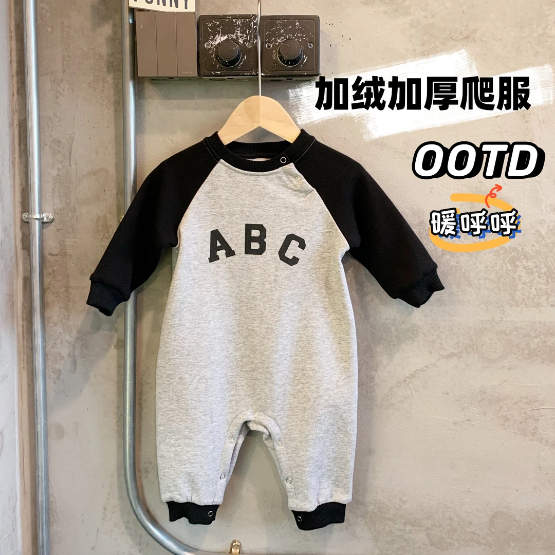 新款婴儿衣服秋冬加绒加厚连体衣宝宝保暖长袖哈衣ABC字母爬服